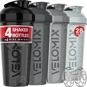 VELOMIX 4-Pack 28oz Protein Shaker Water Bottles (Aqua Depths Color) - Leak-Proof, BPA-Free, Dishwasher Safe, Easy-Flip Lid, Wire Whisk, Car Holder Fit, Gym Accessories for Protein Mixes, Gym Use