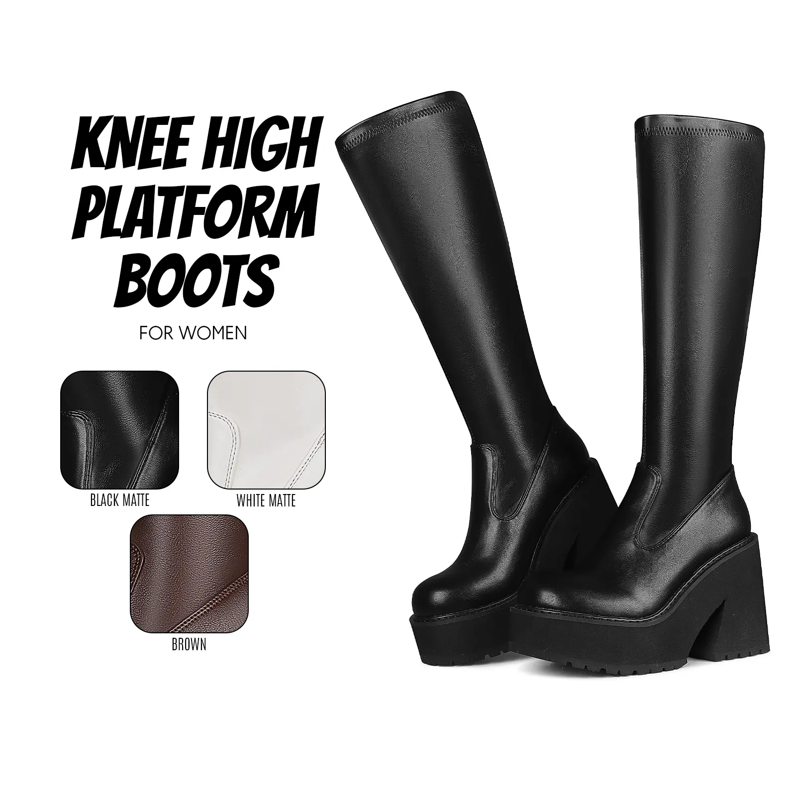 Platform Knee High Boots for Women Go Go Combat Boots Round Toe Chunky Block Heel Wide Calf Easy Pull On Fashion Boots Motorcycle Punk Party Work Casual Dressy Tall Boots