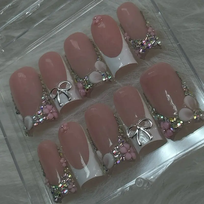 ACRYLIC or BUILDER GEL press ons | Blinged Frenchies ACRYLIC or BUILDER GEL press ons | Blinged Frenchies
