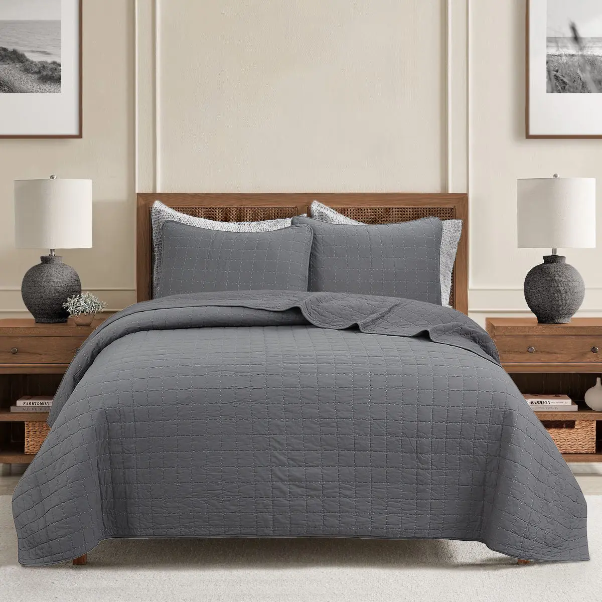 King/Queen Size 3-Piece Classic Plaid Detail Aesthetic Neutral Cotton Bedding Set - Solid Chic Grey Square Gingham Grid, Reversible, Machine Washable, Bedroom Use, Bedding Sets Collections