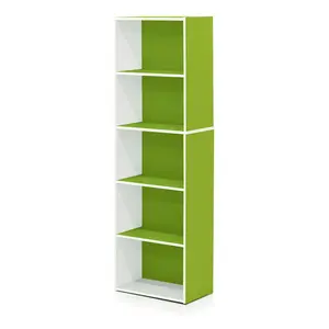 LUDER Compact Easy 5-Cube Open Shelves Bookcase, 9.4x15.8x52in Stylish Look Storage Shelf, for Living Room Bedroom Home Office, White/Green