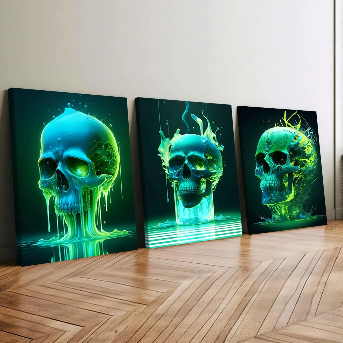 3-count wooden frame canvas, irion-dollar liquid skull dark style decorative poster, Canvas Prints, cool wall art, Modern Cool Design, cool game room decoration, suitable for living room, bedroom and corridor decoration, waterproof printing