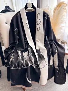 Elegant Cat Pattern Woven Scarf for Women, Boho Style Thick Fabric Shawl, Fitted Animal Print Design, Perfect for Fall & Winter Wear Blanket Scarf