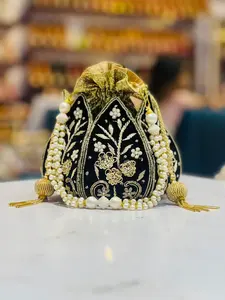 VELVET POTLI BAGWITH HAND EMBROIDERY ( BLACK)