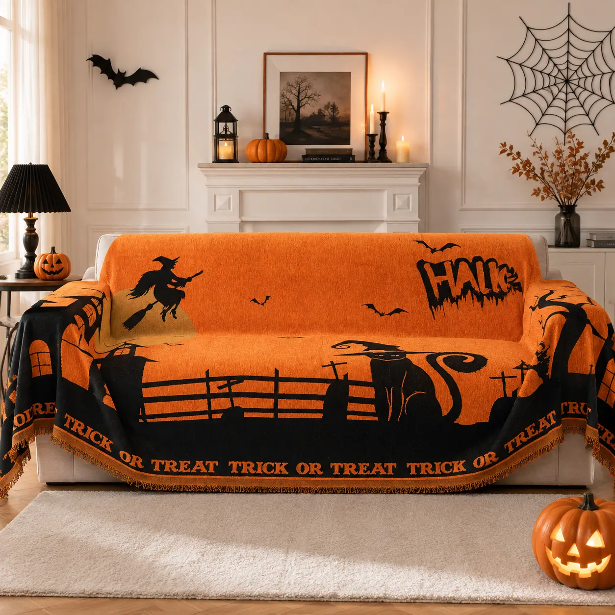 Halloween Polyester Sofa Cover - Orange Black Flat Weave Couch Throw with Printed Motifs (Witch, Black Cat, Bats, Boo, Trick or Treat), Fringe Detail, Multi-Size for Indoor Living Room Decor, Fringer Detail