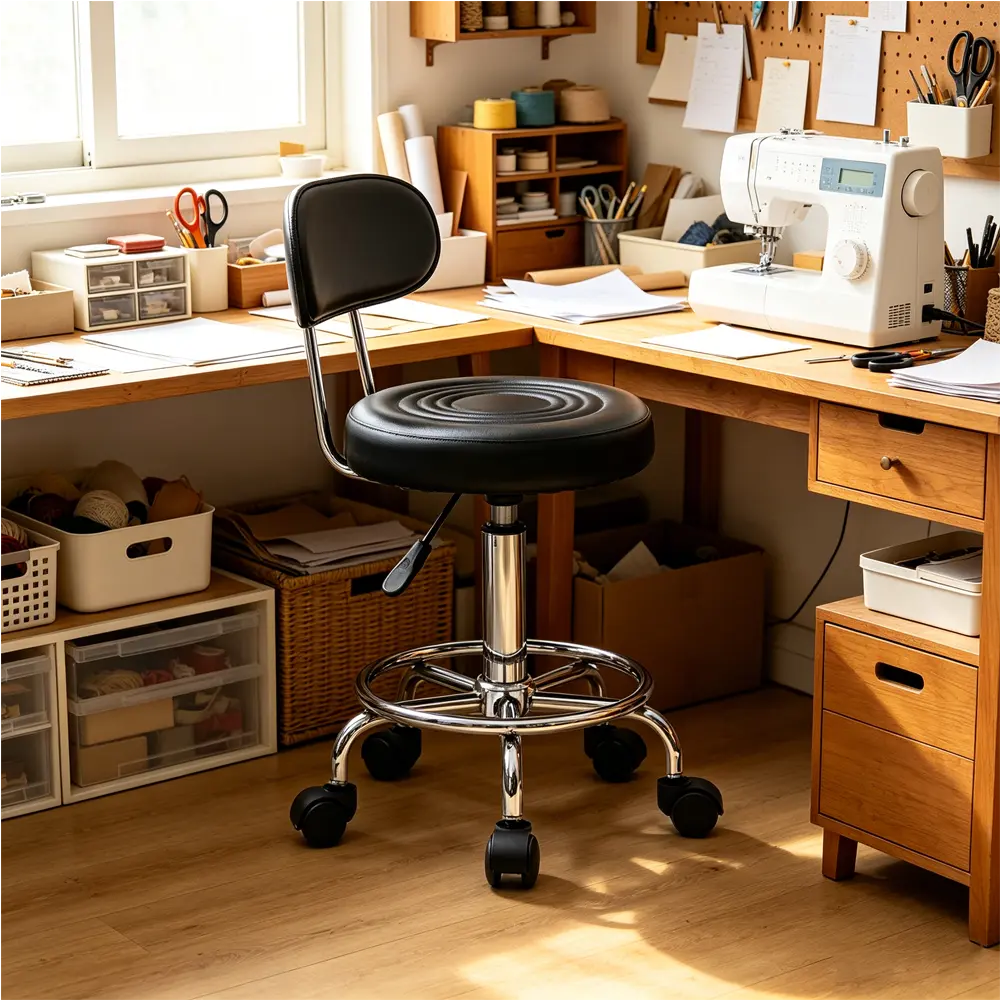 Black Adjustable-Height Round Office Stool with Backrest, 360-Degree Swivel, Sponge-Padded PU Leather Seat, Heavy-Duty, 13.39 x 13.39 x 32.87 inches, 18.5-24.21 inches Height Range, 8.82 lbs, for Home Office Desk Workstation, Assembly Required