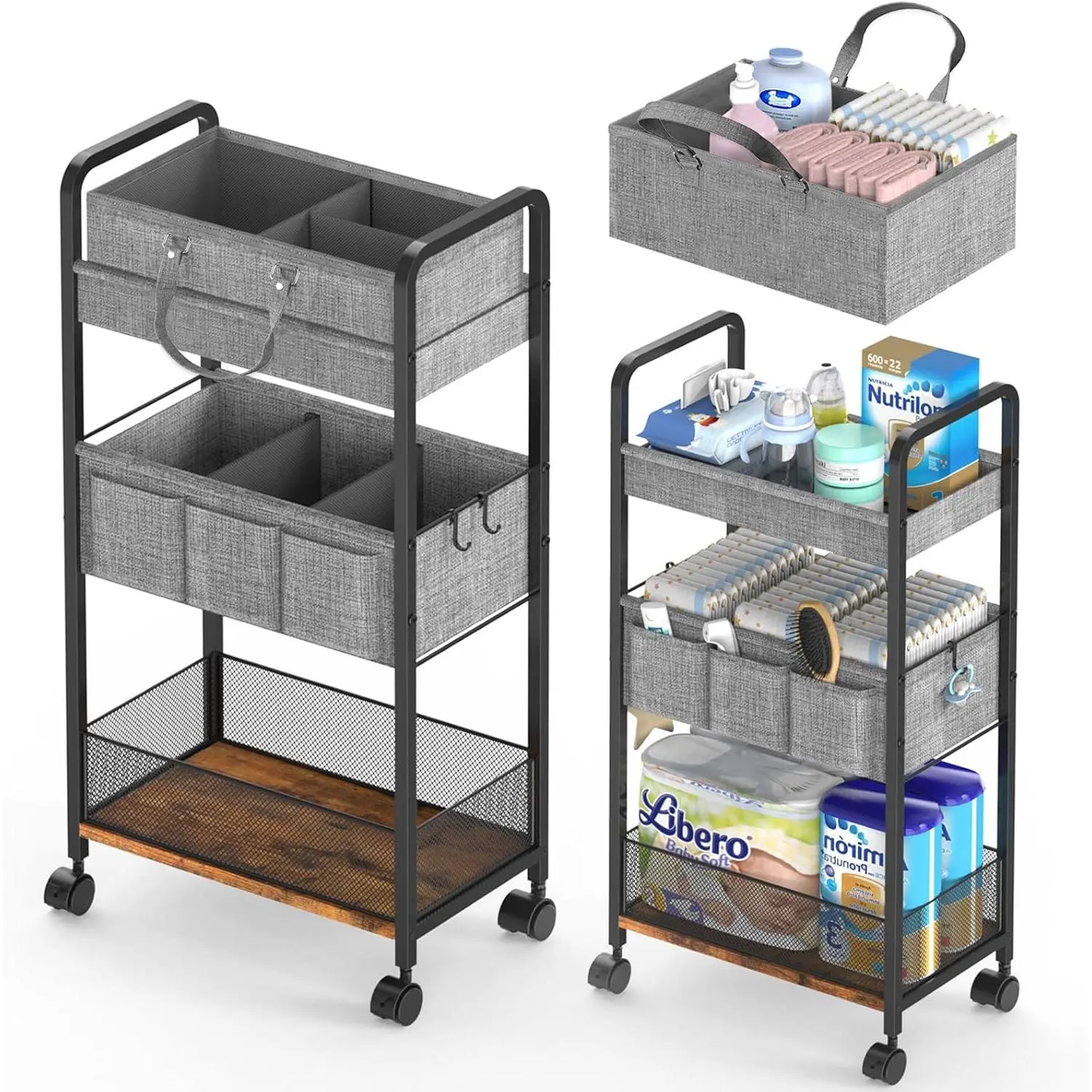2In1 Diaper Caddy & 3-Tier Rolling Diaper Cart, Diaper Caddy Organizer Cart with Dividers, Mobile Metal Utility Cart for Nursery