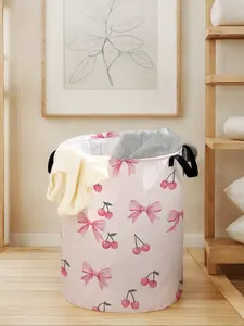Butterfly Charming Cherry Printed Laundry Basket with Convenient Handles, Durable Material Foldable Design Storage Bin, Spacious Capacity for Home Use, Valentine's Day Gift