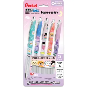 Pentel EnerGel RTX Liquid Gel Pen, Kawaii Tokyo Designs, (0.7mm), Medium Line, Black Ink, Pack of 5 (BL77KWIPF5A)