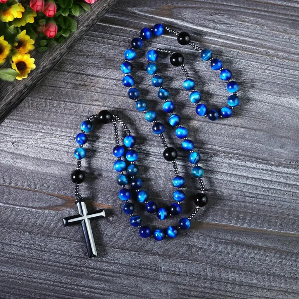 Natural Blue Tiger's Eye Hematite Stone Pendant Necklace - 32 Inch Cross Pendant Design Healing Jewelry for Adults, Daily Meditation, Protection, Cross Charm, Healing Stones, Crystal Healing