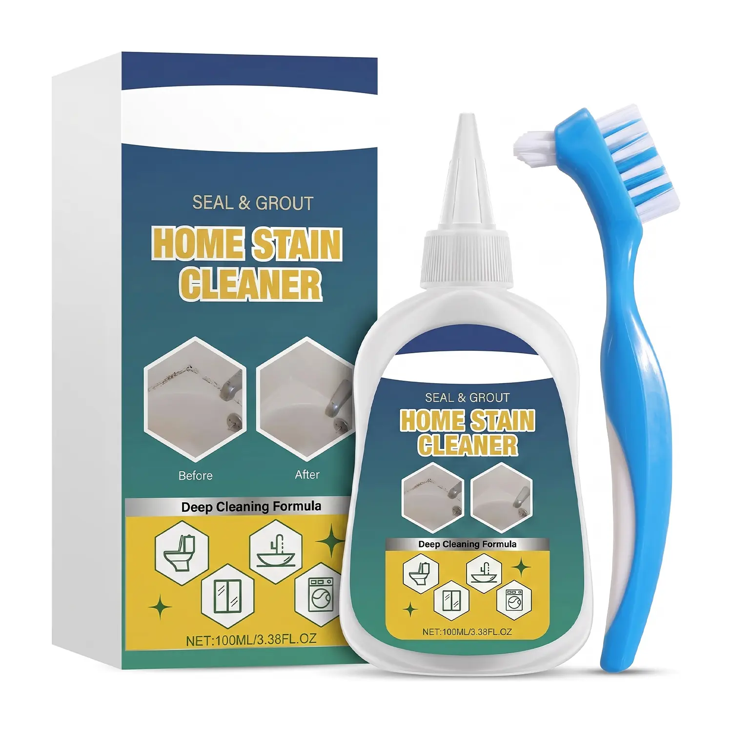Home Stain Remover Gel Cleaner with Cleaning Brush, Heavy Duty Deep Cleaning Black Surface Stain Cleaner for Washing Machine, Bathroom Grout, Shower, Bathtub, Tile, Fridge Rubber, Kitchen Sinks, 7 oz