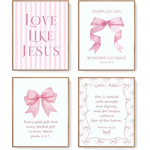 Bow  Wall Art Decor Posters,  Bow Room Bedroom Bathroom Wall Art Decor Aesthetic for Teen Girls Gifts, Inspirational  Verses Bow Wall Decor, 12x16 Inch Set of 4 Bow Pictures Unframed