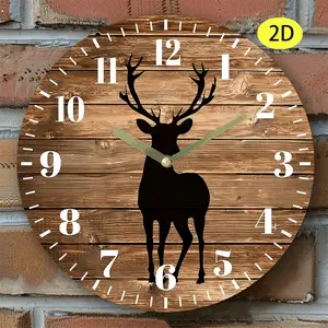 1pc Rustic Wooden Wall Clock with Deer Silhouette - Silent Non-Ticking Round Clock, & Brown Wood Grain Design, Battery-Powered (AA Not Included) for Living Room Bedroom Kitchen Decor, Easy-to-Read Hands, Stylish for home Accent Piece