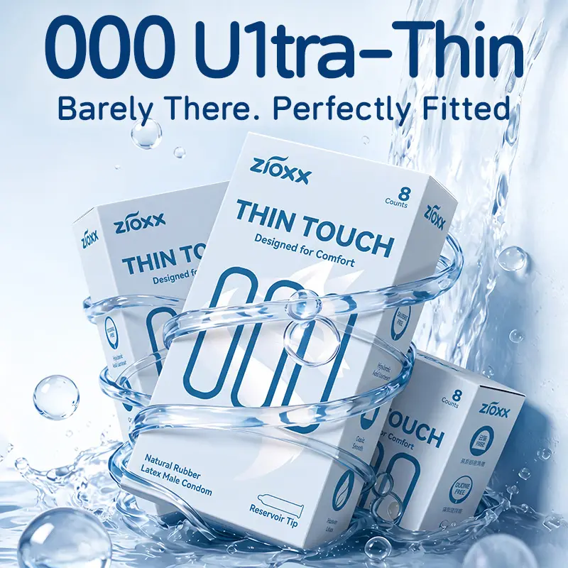 【ZIOXX 000 Thin Touch】 Condoms 8ct – Hyaluronic Acid Lube, Silicone-Free, Long-Lasting Hydration, Smooth Bare-Skin Feel