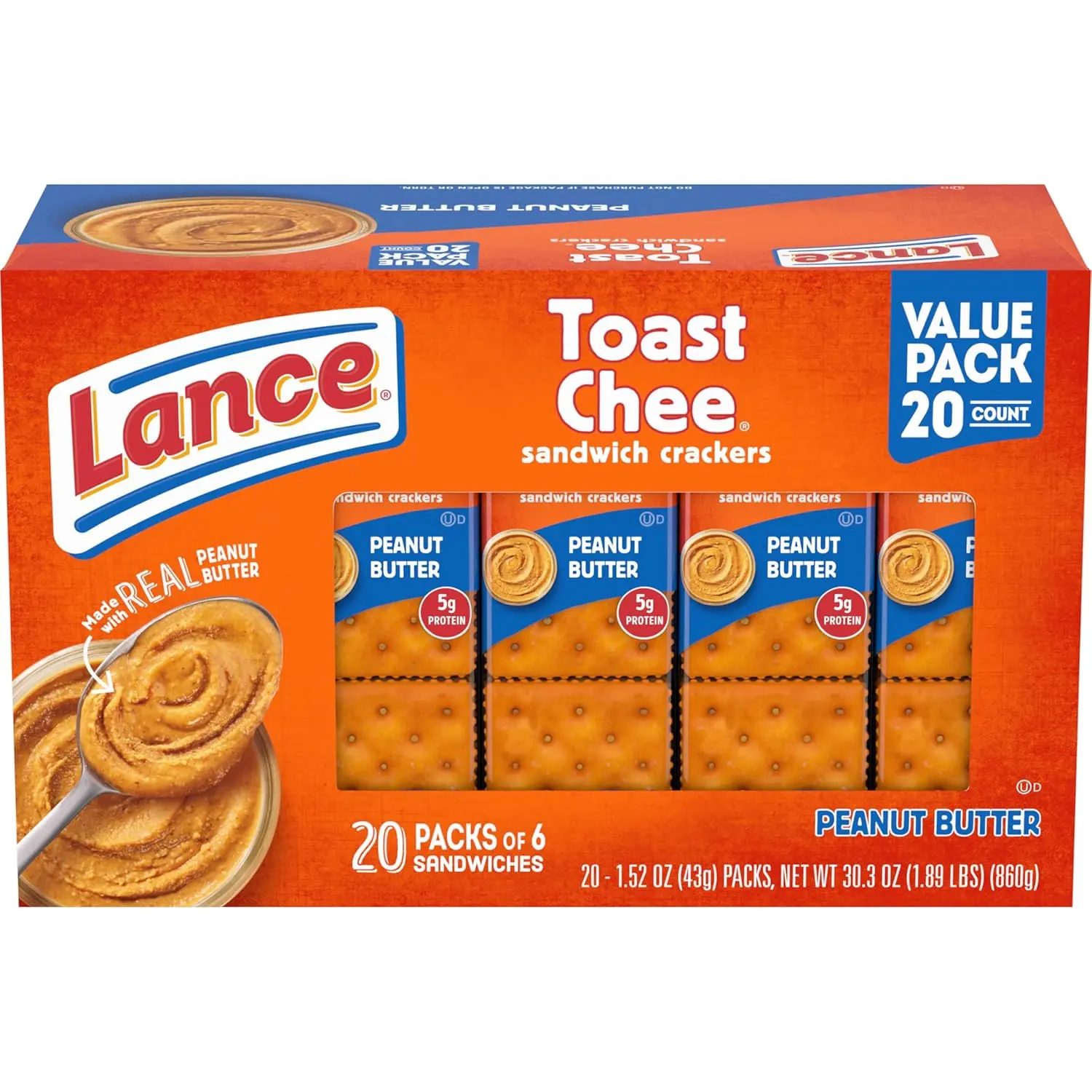 Sandwich Crackers ToastChee Peanut Butter 20 Individually Wrapped Packs 6 Sandwiches Each Perfect for On-the-Go Snacking