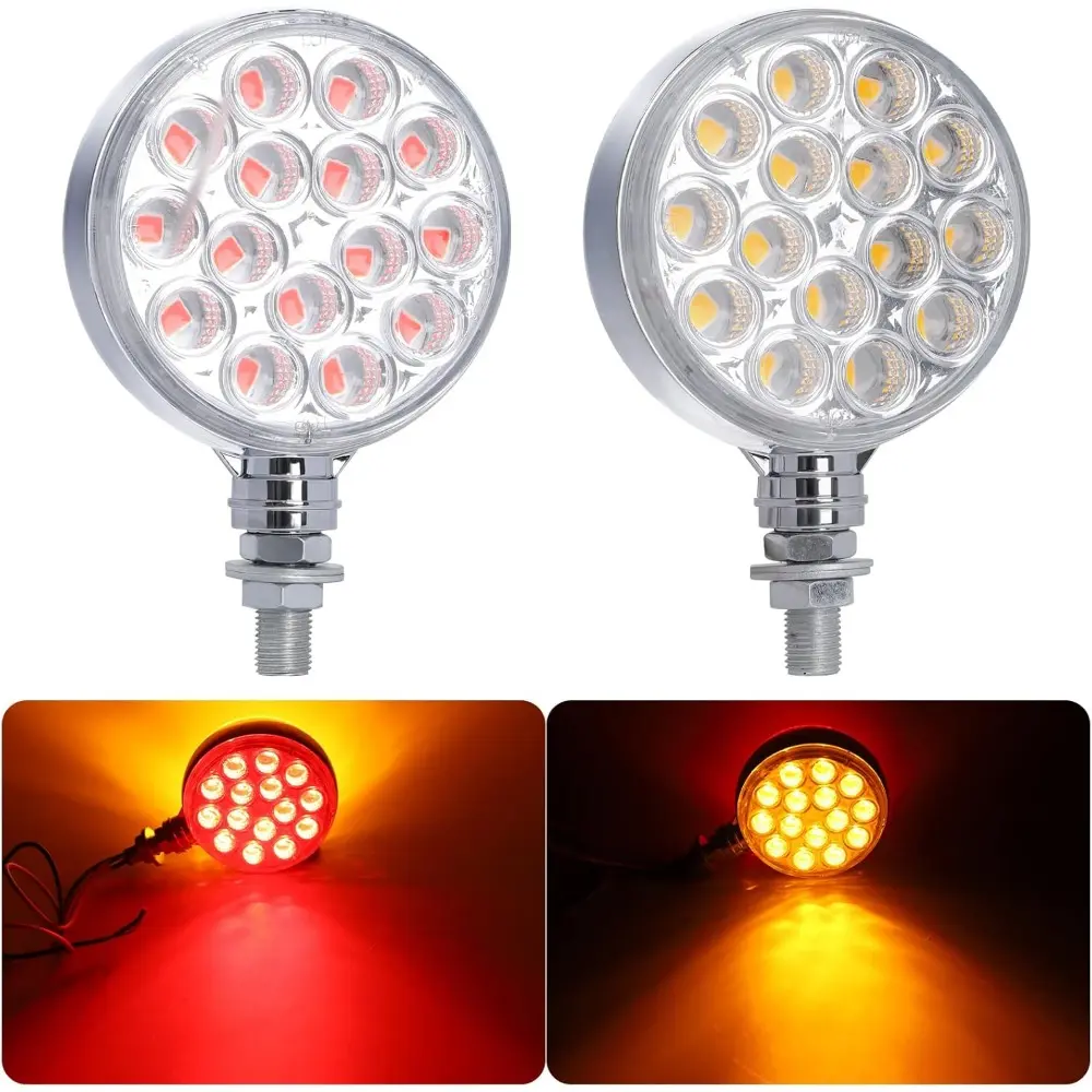 Double-Face Pedestal Fender Light Round Amber Stud Mount, 3 Inch 30 LED Clear Lens Rear Stop Turn Tail Signal Trailer Light For Semi Truck,Peterbilt,Kenworth,Freightliner,Towing Truck 2 Packs
