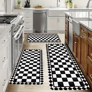 Black And White Checkered Abstract Art Pattern Flannel Mat, Suitable for Kitchen Mats,  Entrance Door Mats, Bathroom Mats, Kitchen Mats, Pet Feeding Mats, And Decorations