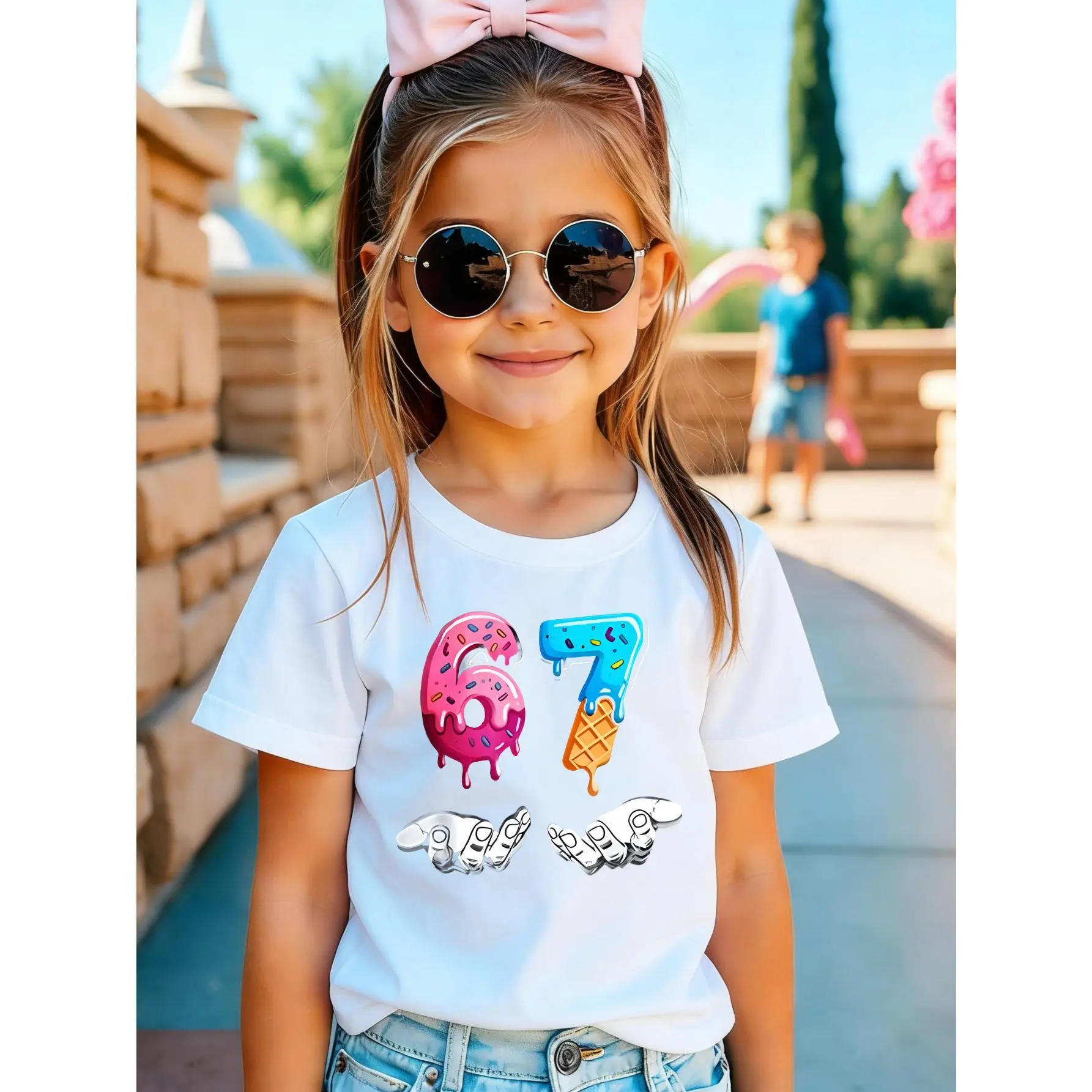 Pink Donut Blue Ice Cream Hands Kids T-Shirt Unisex tee kids clothing boys clothing kids stuff Kids Casual cute school tops Fruit Tshirt