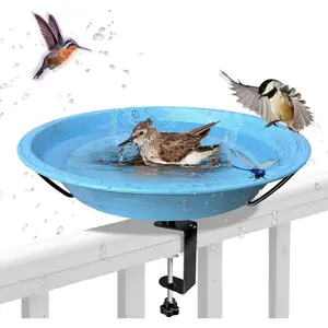Bird Bath Deck Mounted Bowl 12 Inch Metal Bird Baths with Adjustable Sturdy Metal Clamp for Deck Railing Balcony Bird Feeder for Garden Yard and Lawn Decoration-Blue