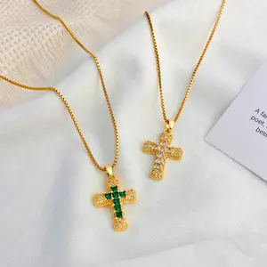 2PCS Necklaces, Cross Necklace, Female Affordable Luxury Fashion Full Zirconium Emerald Green & White Pendant, All-Matching Accessories