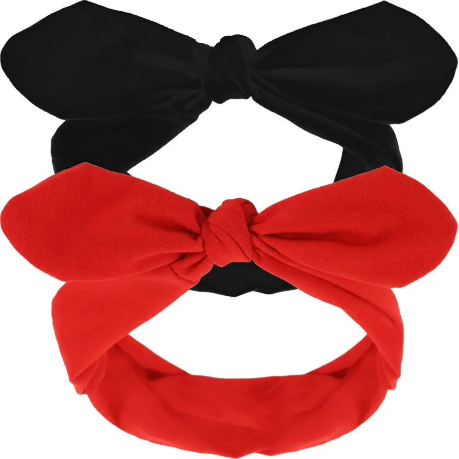 2 Pcs Bandana Headband for Women Retro Cute Cotton Wide Headwrap with Bows Vintage Halloween Christmas Custome Accessories Adjustable Rabbit Ear Bow Hairband for Women(Red and Black)