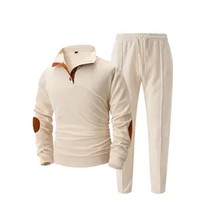 Men's Solid Waffle Patched Sweatshirt & Top-stitching Drawstring Waist Pants Set, Loose Casual Long Sleeve Collared Top & Trousers For Daily Wear, Men's Outfits For All Seasons