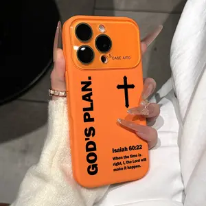 Christian Isaiah God's Plan Cross-Design Dopamine Ins Style Solid Color Handheld Cell Phone Protector Case, Skin-Friendly Touch, All-Inclusive Camera Protection, Accessories Cover for iPhone 12,13,14,15,16,17