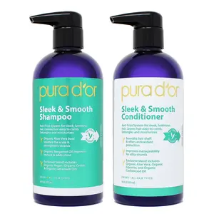 PURA D'OR Sleek & Smooth Shampoo and Conditioner Setx2 16oz(473ml) – Anti Frizz Hair Care for Dry Frizzy Hair, Smoothing Shampoo & Conditioner with Argan Oil, Aloe Vera & Castor Oil, Softer Sleeker Shiny Hair