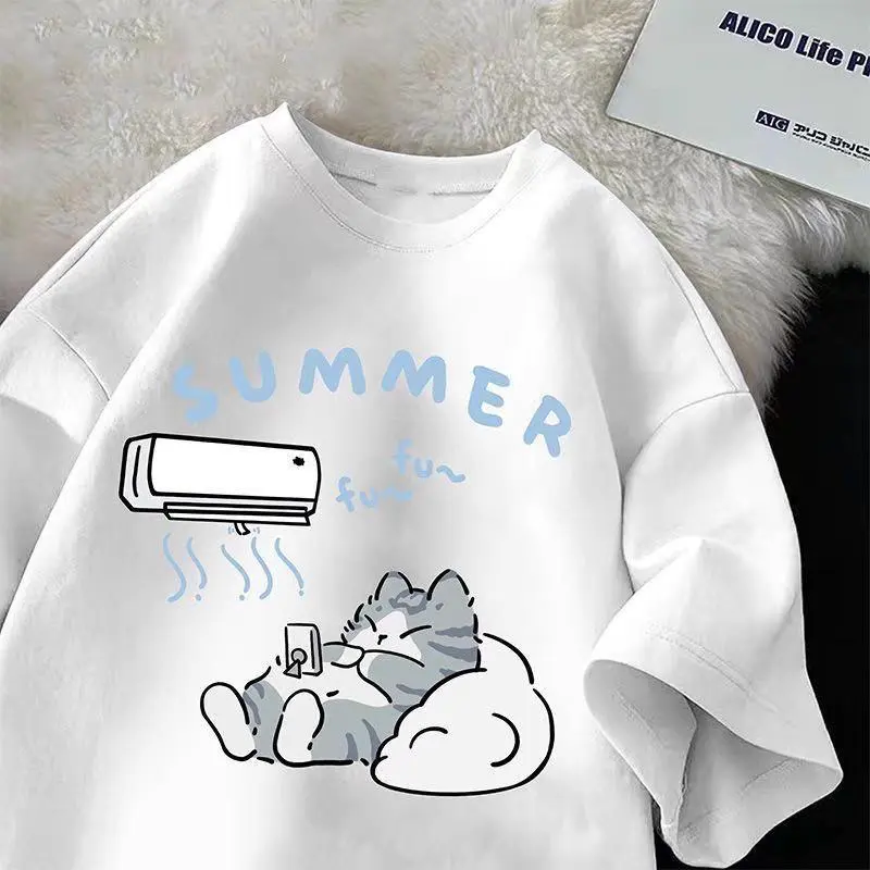 Cartoon Cute Cat Graphic Tees Women's Casual Crew Shoulder Short Sleeve T-shirt Summer Loose Womenswear Top