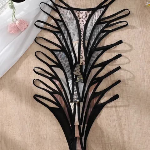 Women's Sexy Leopard Print Mesh Thongs, Low Waist Slim-Fitting Daily Wear, Low Rise Underwear, 3/5/6/8/10 Pcs Set, All Seasons Fashion Lingerie Underwear