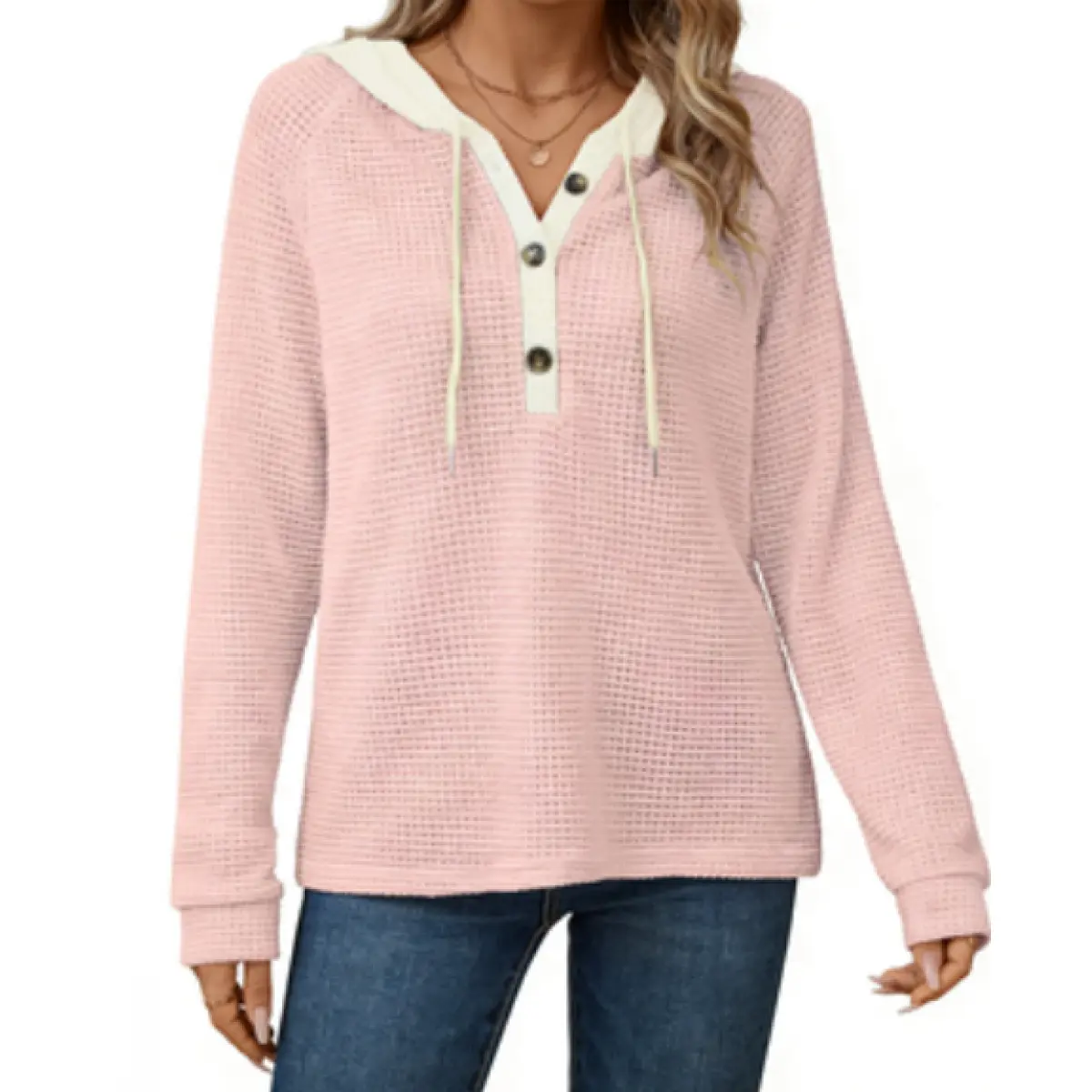 Color Block Button Front Drawstring Hoodie Casual Long Sleeve Hoodie Sweatshirt Women's Clothing 95% Polyester 5% Elastane Semi-Sheer All Season long sleeve tops women clothes for women vintage sweatshirts jacket for women Womenswear Everyday Piece Solid