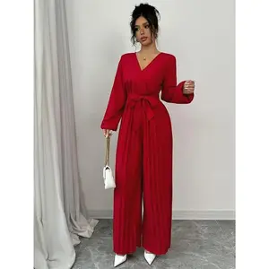 Red V-Neck Bell Sleeve Jumpsuit - Pleated Waist, Loose Fit, Casual & Formal