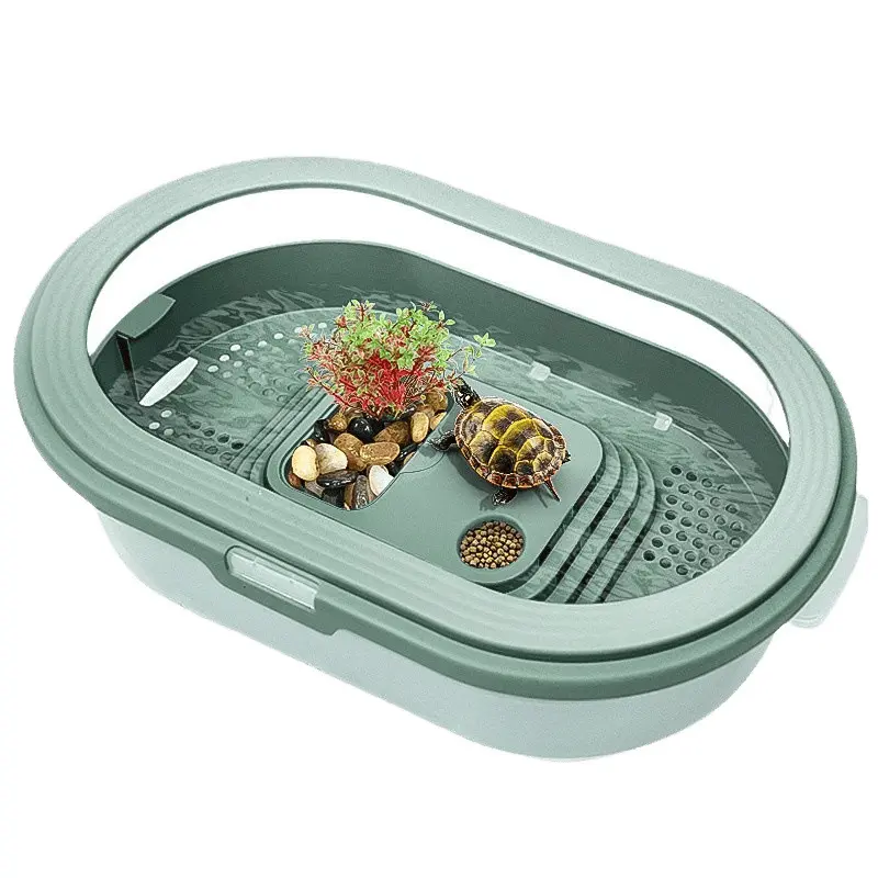 Plastic Small Turtle Tank with Basking Platform - 34.5*20.5cm Anti-Escape Ecological Tank, 125g Food-Compatible Synthetic Habitat, Aquarium Accessories + Gift Pack for Home Reptile Terrarium Use