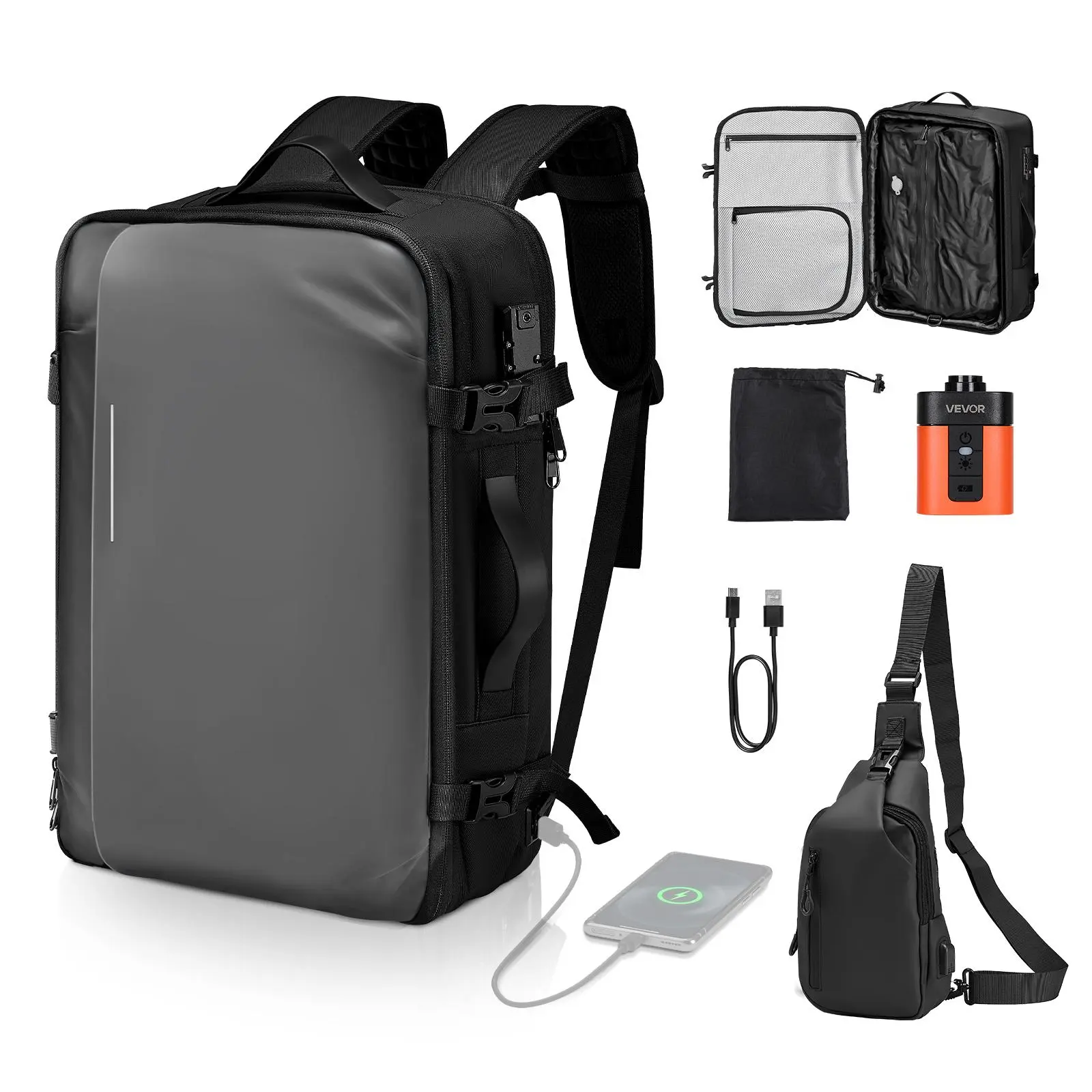 【SummerFinds】VEVOR Vacuum Travel Backpack, 65L, Expandable Vacuum Seal Compression Travel Backpack with Pump, with TSA-Approved Lock, Airback Vacpack, Water-Resistant Carry-On Suitcase Luggage, for Business, Gray