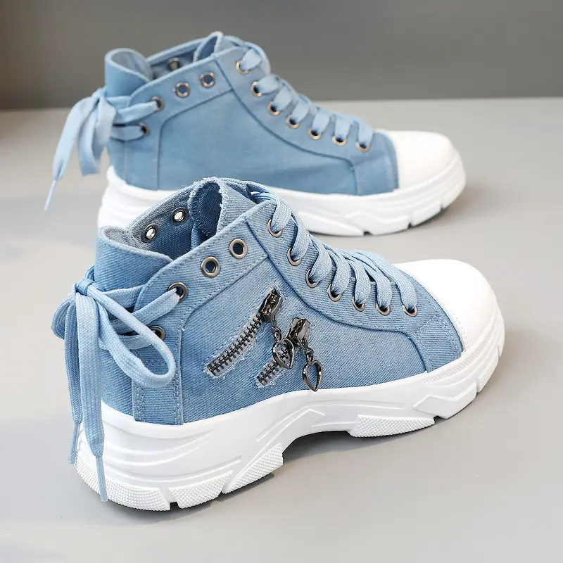 Women's platform high-top canvas shoes with zipper detail, sporty and casual style.