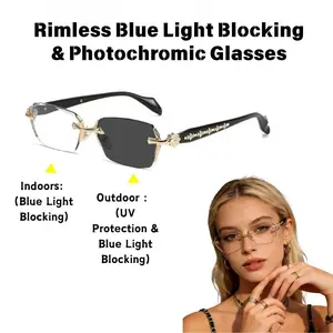 Frameless high‑definition blue light blocking glasses, photochromic sunglasses, frameless chrome‑plated frame glasses, unisex clear glasses, diamond‑cut edge details, suitable for everyday wear, durable and long‑lasting outdoorfun