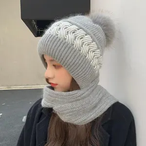 Women's Winter Knitted Beanie Set - Cute Korean Style Ear & Neck Warmer Scarf-Integrated Hat
