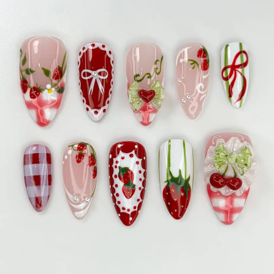 Strawberry Picnic Press On Nails | Cute 3D Strawberry And Bow Nail Art | Gingham Vintage Picnic Nails | Red & Pink Summer Nails
