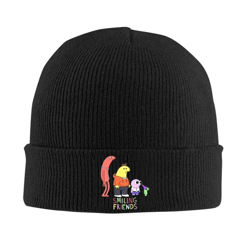 Smiling Friends TV Show Logo Knitted Hat - Black Winter Style, Featuring Smiling Friends Characters (Green and Pink) - Unisex Kpop Style Y2K Streetwear - Cute Fan Collection Gift, Winter Hat, Women's Winter Hat, Winter Top, Winter Top, Christmas Sweater,