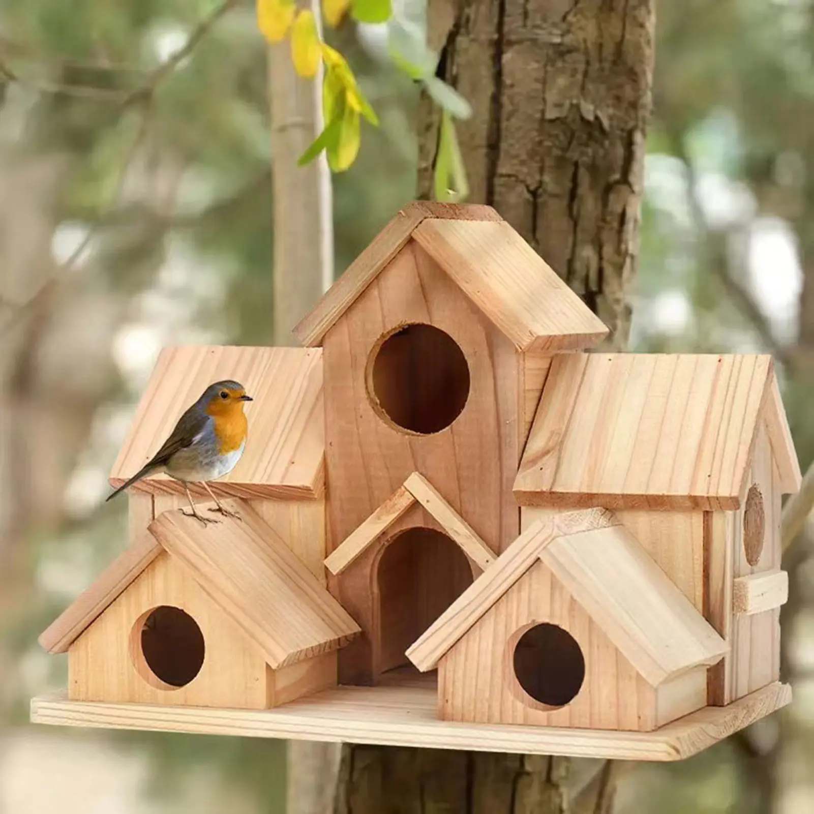 Outdoor Wooden Birdhouse, 6 Holes Hanging Hummingbird Nest for Garden, Patio Decor, Handcrafted Villa Style Bird Feeder, Natural Wood Craft for Yard, Perfect Gift for Family and Bird Lovers