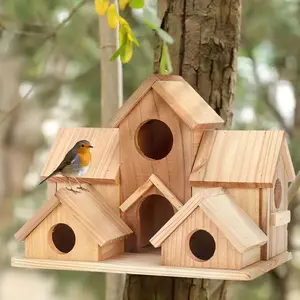 Outdoor Wooden Birdhouse, 6 Holes Hanging Hummingbird Nest for Garden, Patio Decor, Handcrafted Villa Style Bird Feeder, Natural Wood Craft for Yard, Perfect Gift for Family and Bird Lovers