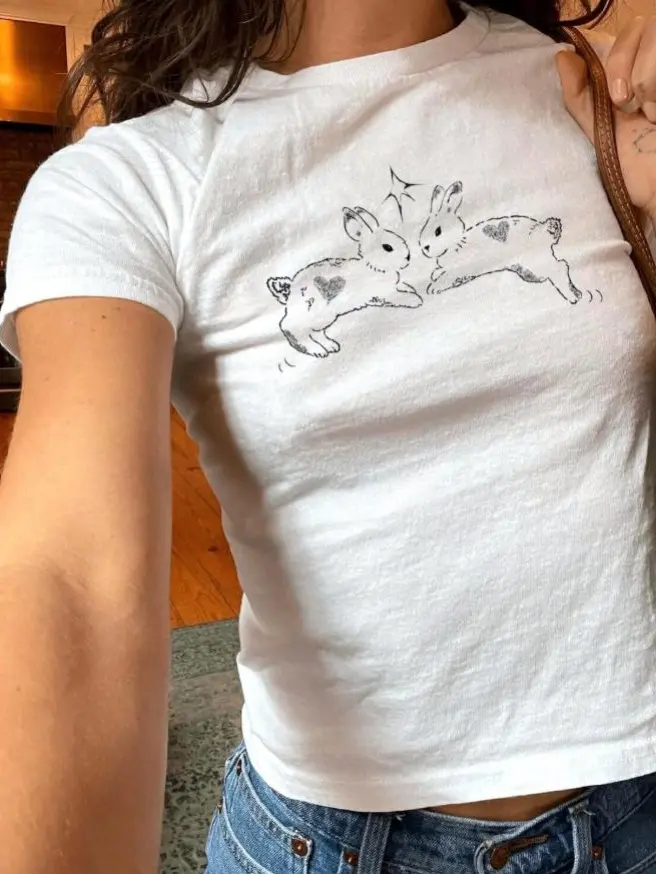 Bunnies Baby Tee, Cute Bunny Shirt, Vintage Graphic Baby Tee, Y2K Crop Top, Retro Womens Baby Tee, Coquette Aesthetic Top