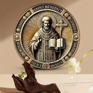 Vintage Saint Benedict Medal Wall Art, Religious Ornaments, 8x8 Inch Aluminum Sign, Waterproof and Fade Resistant, Easy Hanging Round Decoration for Home, Kitchen, Bar, Office