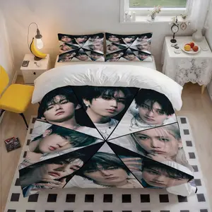 3Pcs SKZ Kpop Group Patterned Polyester Skin-Friendly Bedding Set, Stylish Art Design, Christmas & Birthday Gift, Great for Bedroom & Guest Room, 1 Duvet Cover + 2 Pillowcases, Soft Bedding Sets (No Insert)