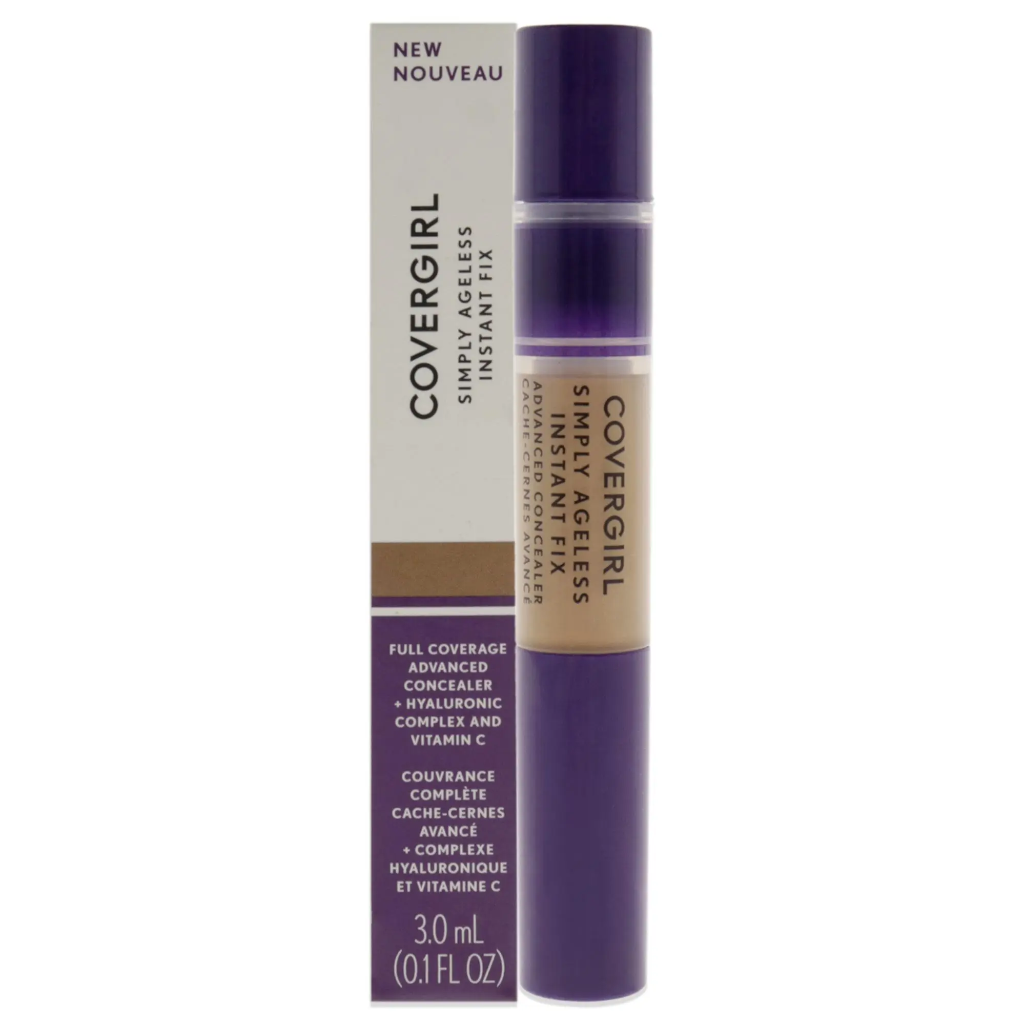 CoverGirl Simply Ageless Instant Fix Advanced Makeup Concealer - 380 Caramel, Vitamin C, Hyaluronic Complex, Full Coverage Tube for Women - 0.1 oz, Liquid