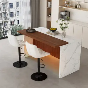 [Bellemave]63" Modern Kitchen Island Set with 2 Beige Bar Stools - White Marble Look Surface, LED Lighting & Grill Design for Dining Room, Open Concept Spaces, Lounge(2 Beige Bar Stools)