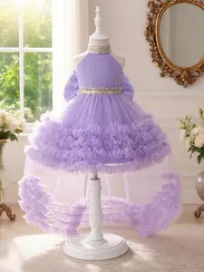 Girl's Glitter Sequin Decor Ruffle Trim Sweater Dress, Elegant Sleeveless Round Neck A Line Dress for Party Performance Birthday, Kids Clothes for Spring & Fall, Frill Trim Dress