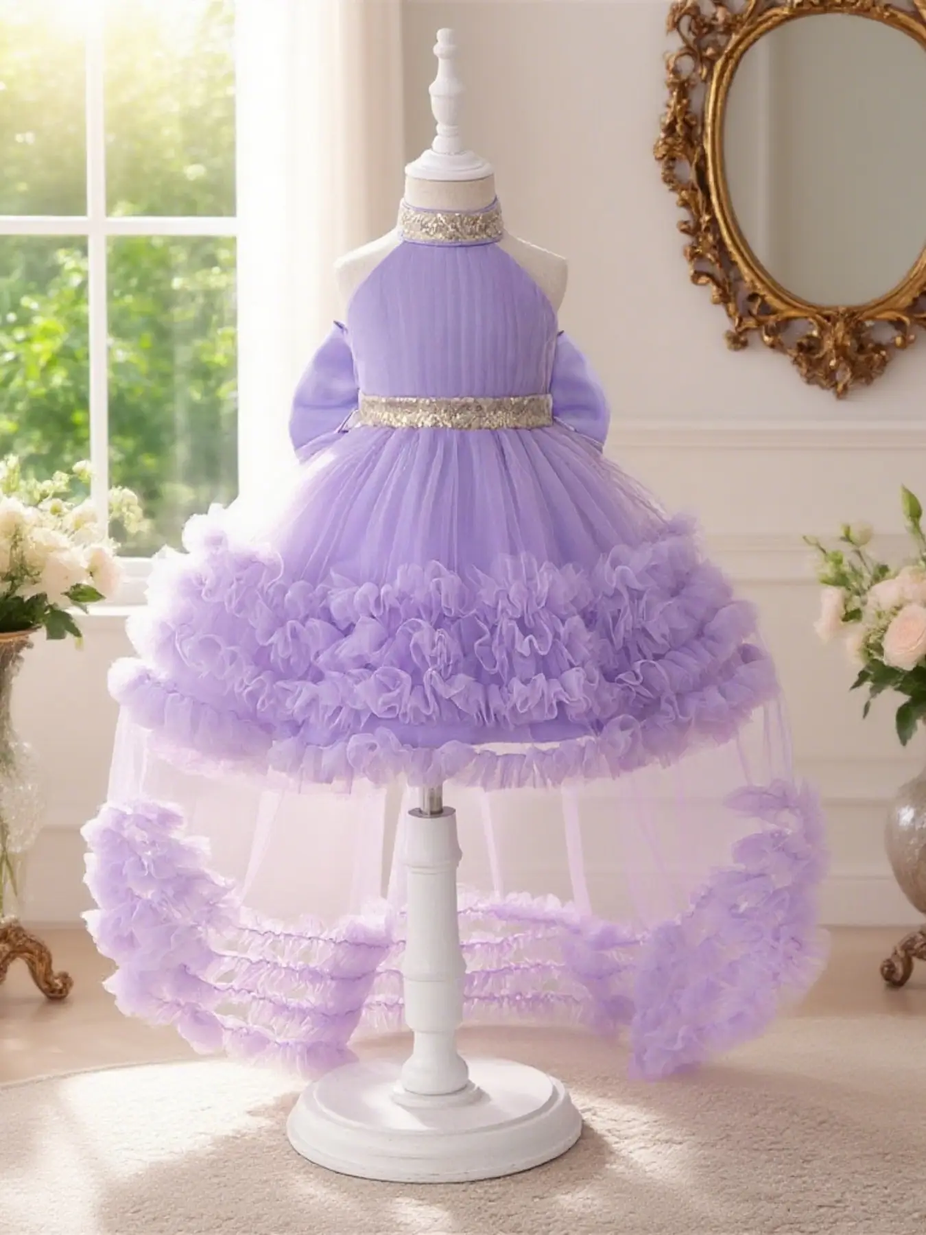 Girl's Glitter Sequin Decor Ruffle Trim Sweater Dress, Elegant Sleeveless Round Neck A Line Dress for Party Performance Birthday, Kids Clothes for Spr