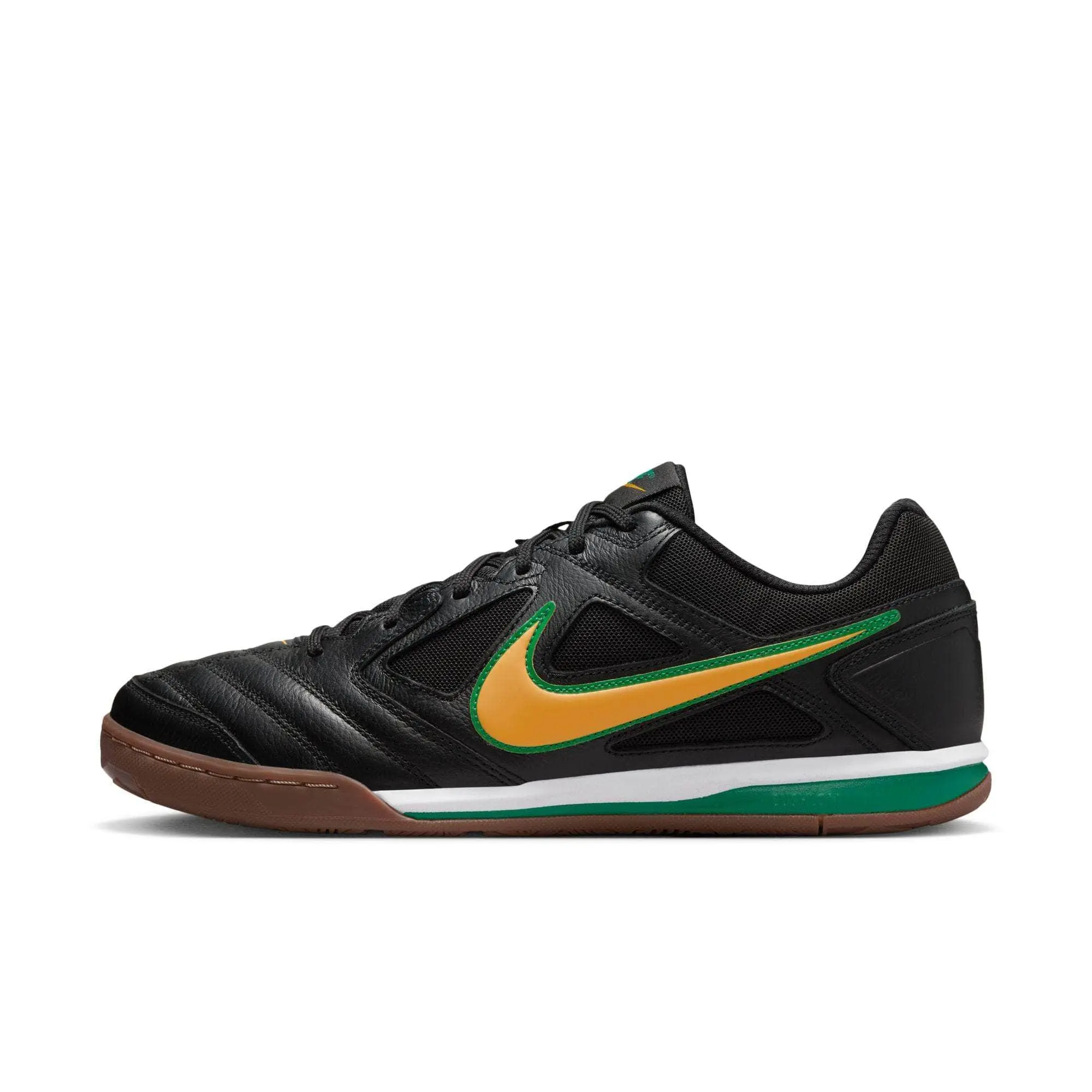 Nike Gato Men's Indoor Soccer Shoes (IB8509-001) - Black Varsity Maize White Gum Dark Brown, Premium Leather Blend & Textiles, Retro Design, Enhanced Grip, Rubber Sole, Foam Cushioning, Clean Soft Breathable Fit, Retro Look