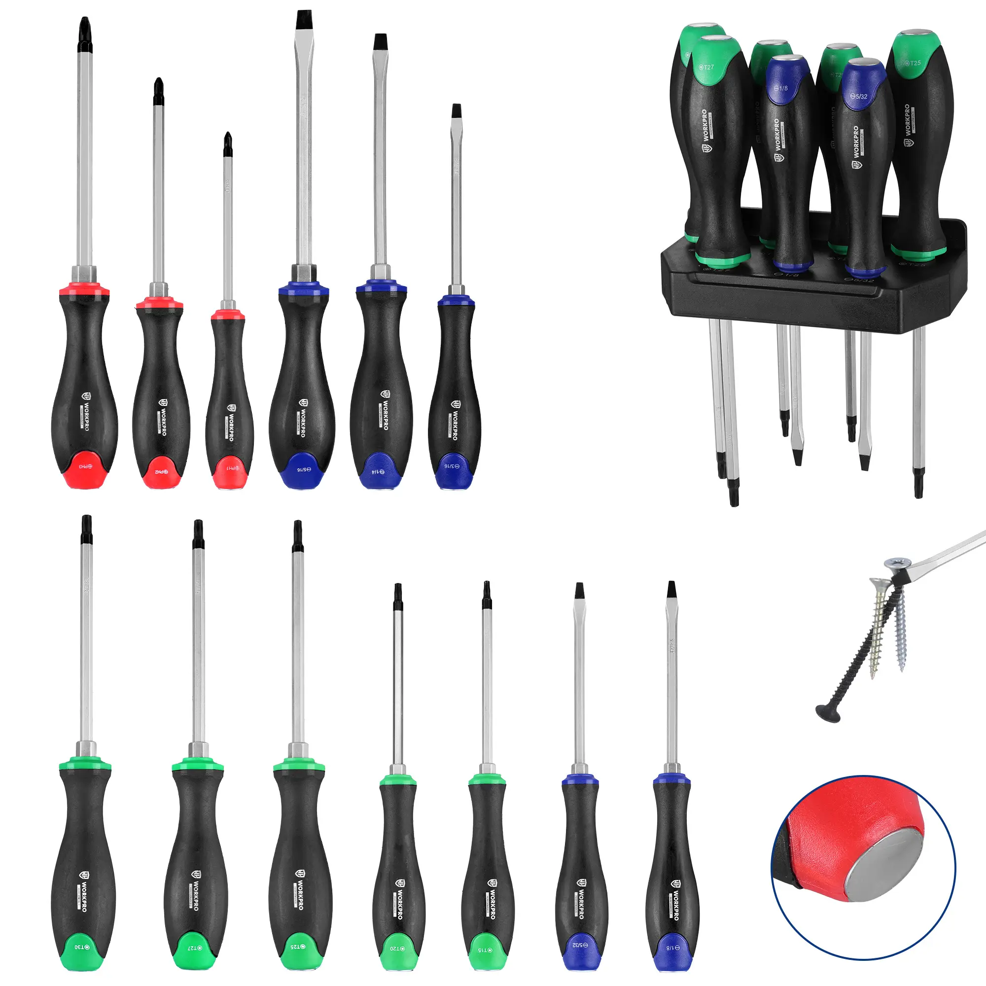 #summersale WORKPRO Magnetic Screwdriver Set, Go-Thru Screwdriver Set Kit with Wall Mount Rack, Includes Slotted, Phillips and Torx Screwdrivers, Magnetic Screwdriver with Magnetizer & Demagnetizer Tools